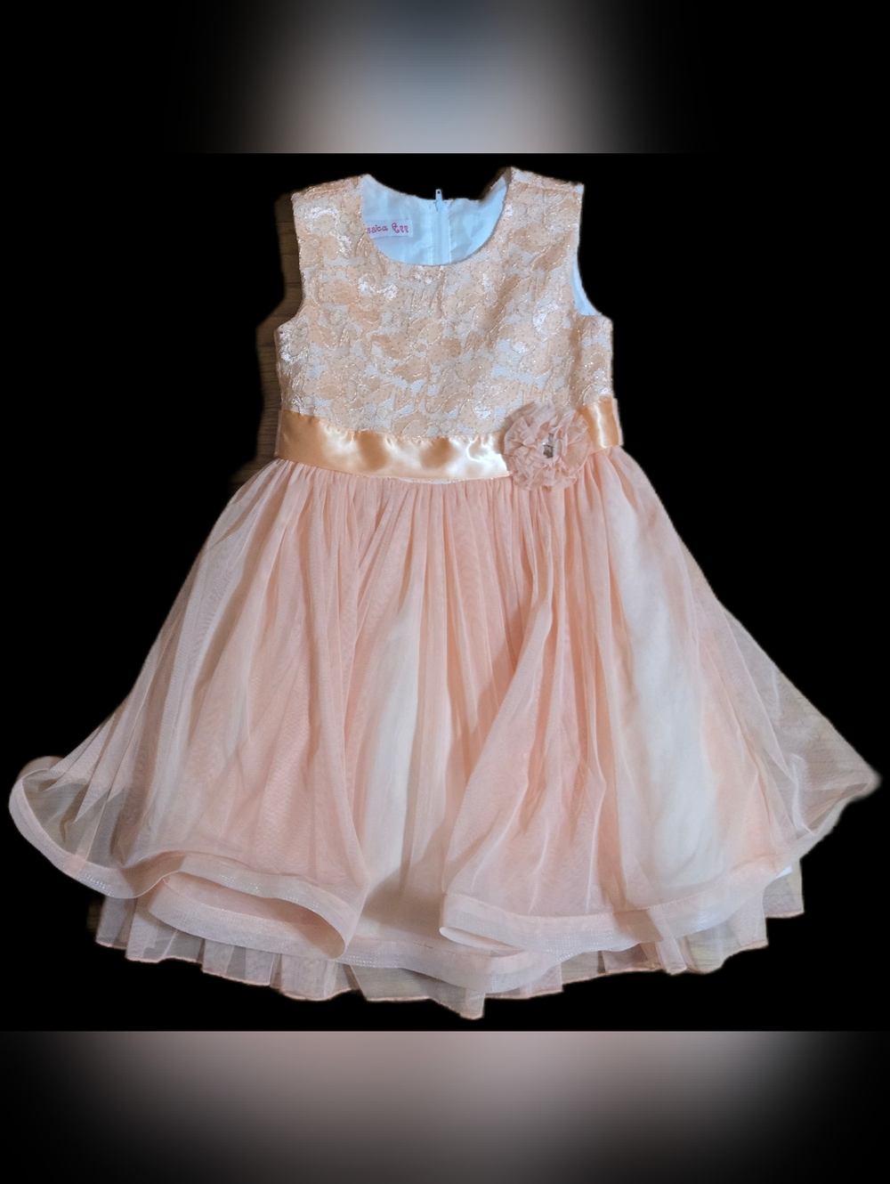 6/6X Girls Peach Lace & Tulle Party Dress with Satin Waistband